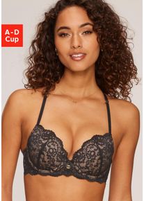 Push-up-BH JETTE, Damen, Gr. 80, Cup A, braun (schwarz, toffee), Spitze, Obermaterial: 90% Polyamid, 10% Elasthan, BHs Push-up-BH, mit raffinierten Tr&auml;gern in B&auml;nder-Optik, sexy Dessous