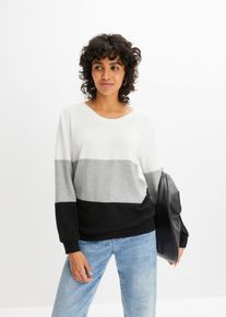 Langarmshirt bonprix, Damen, Gr. 40/42 (M), wei&szlig; (wollwei&szlig;, hellgrau, schwarz gestreift), Obermaterial: 69% Polyester, 28% Viskose, 3% Elasthan, l&auml;ssig geschnitten, Shirts Langarmshirt, l&auml;ssig geschnittene Passform, mit Rundhalsausschnitt