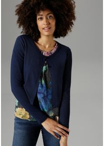 Bolero Aniston SELECTED, Damen, Gr. 48, blau (marine), Jersey, Obermaterial: 94% Viskose, 6% Elasthan, unifarben, Basic, figurumspielend taillenlang, Rundhals, Strickjacken Bolero, mit 2 Kn&ouml;pfen, Topseller