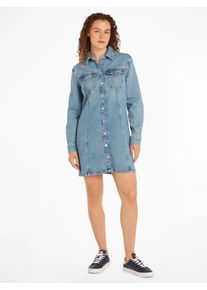 Blusenkleid Tommy Jeans "ALINE LS DRESS CH6119 EXT", Damen, Gr. XS (34), N-Gr, blau (denim light), Web, Obermaterial: 99% Baumwolle, 1% Elasthan, unifarben, regular fit, Kleider Blusenkleid, mit Tommy Jeans Flagge