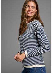 Rundhalspullover Laura Scott, Damen, Gr. 32/34, wei&szlig; (gr&uuml;n wei&szlig; gemustert), Strick, Obermaterial: 50% Baumwolle, 50% Polyacryl, gestreift, figurumspielend h&uuml;ftbedeckend, Rundhals, Strickkante, Pullover Rundhalspullover, Feinstrickpullover aus Strukturstrick mit Streifen