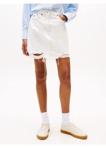 Jeansrock Tommy Jeans "MOM SKIRT CI8091", Damen, Gr. 29, denim wei&szlig;, Denim/Jeans, Obermaterial: 99% Baumwolle, 1% Elasthan, Destroyed-Effekte, unifarben, figurbetont kurz, R&ouml;cke Jeansrock, mit Destroyed Effekt