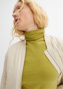 Langarmshirt bonprix "Langarmshirt mit reiner Baumwolle", Damen, Gr. 56/58 (XXXL), gr&uuml;n (goldoliv), Web, Obermaterial: 95% Baumwolle, 5% Elasthan, unifarben, schmal normal, ohne Ausschnitt, gerader Abschluss, Shirts Langarmshirt, schmale Passform, mit Rollkragen, ohne Verschluss