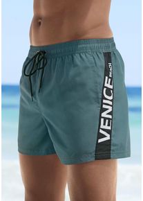 Badeshorts Venice Beach, Herren, Gr. S (46/48), N-Gr, gr&uuml;n, Microfaser, Recycling-Polyester, unifarben mit Farbeinsatz, Badehosen Badeshorts, mit gro&szlig;em Markenschriftzug