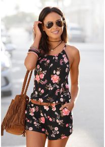 Overall Lascana, Damen, Gr. 34, N-Gr, bunt (bedruckt), Jersey, Obermaterial: 100% Viskose, gebl&uuml;mt, figurumspielend kurz, Rundhals, Overalls Overall, mit Spaghettitr&auml;gern und Blumenmuster, sommerlicher Jumpsuit