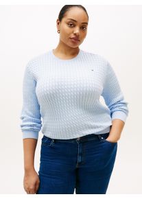 Rundhalspullover Tommy Hilfiger Curve "CRV CO CABLE FINE GG CNK SWEATER", Damen, Gr. 54, breezy blau, Strick, Obermaterial: 100% Baumwolle, Zopfmuster, regular fit normal, Rundhals, Rippb&uuml;ndchen, Pullover Rundhalspullover, in gro&szlig;en Gr&ouml;&szlig;en, mit Zopfmuster