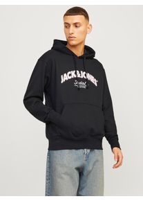Jack & Jones Kapuzensweatshirt JACK & JONES "JORBRONX ARCH BIG SWEAT HOOD", Herren, Gr. M, schwarz, angeraute Sweatware, Obermaterial: 60% Baumwolle, 40% Polyester, bedruckt, normal, Rippb&uuml;ndchen, Sweatshirts Kapuzensweatshirt