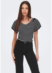 Kurzarmpullover Only "ONLLEELO STRIPE SS BACK V-NECK KNT NOOS", Damen, Gr. XS, schwarz (schwarz stripe), Strick, Obermaterial: 100% Polyamid, gestreift, slim fit taillenbedeckt, V-Ausschnitt, Puff&auml;rmel Rippstrickb&uuml;ndchen, Pullover Kurzarmpullover
