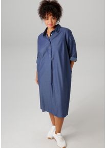 Jeanskleid ANISTON PLUS, Damen, Gr. 54, N-Gr, blau (jeansblau), Web, Obermaterial: 100% Baumwolle, unifarben, figurumspielend knieumspielend, Krempel&auml;rmel, Kleider Jeanskleid, mit Hemdkragen