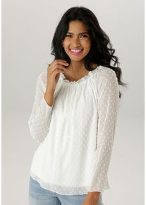 Schlupfbluse Aniston SELECTED, Damen, Gr. 42, wei&szlig;, Chiffon, Obermaterial: 100% Polyester. Futter: 95% Viskose, 5% Elasthan, leicht transparent, l&auml;ssig geschnitten h&uuml;ftbedeckend, Carmenausschnitt, Raglan&auml;rmel, Blusen Schlupfbluse, mit weiten Ausschnitt und elastischen Gummi, Topseller