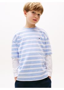 T-Shirt Tommy Hilfiger "INTERLOCK STRIPE HTR T-SHIRT SS", Jungen, Gr. 3 (98), blau (cloudy blau heather stripe), Single Jersey, Obermaterial: 60% Baumwolle, 40% Polyester, gestreift, regular fit h&uuml;ftlang, Rundhals, Shirts T-Shirt, f&uuml;r Kinder bis 16 Jahre, mit kleinem Flag-Label