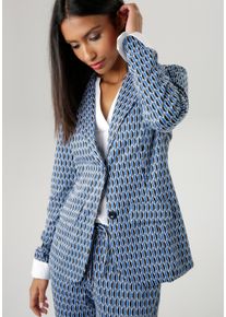 Kurzblazer Aniston SELECTED, Damen, Gr. 46, blau (blau, schwarz, sanftes wei&szlig;), Jersey, Obermaterial: 74% Polyester, 22% Viskose, 4% Elasthan, Jacquardmuster, gemustert, figurbetont h&uuml;ftlang, Blazer Kurzblazer, mit grafischem Allover-Muster, Topseller
