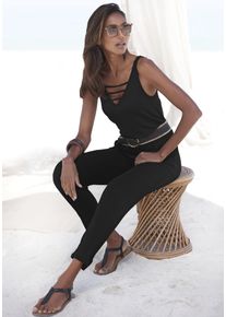 Overall s.Oliver, Damen, Gr. 36, N-Gr, schwarz, Jersey, Obermaterial: 95% Viskose, 5% Elasthan, unifarben, figurumspielend 7/8-L&auml;nge, V-Ausschnitt, Overalls Overall, mit verziertem Ausschnitt, elastischer Jumpsuit mit Taschen