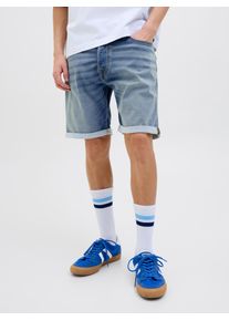 Jack & Jones Shorts JACK & JONES "JJIRICK mit Aufschlag und Knopfverschluss f&uuml;r den Sommer", Herren, Gr. XL, N-Gr, blau (blau denim), Web, Obermaterial: 48% Baumwolle, 26% Viskose, 25% Polyester, 1% Elasthan, unifarben, regular fit kniefrei, Hosen Shorts, unifarben, regular fit, Web, Five-Pocket-Stil, elastisch