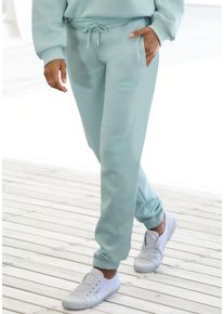 Sweathose Lascana, Damen, Gr. 44/46, N-Gr, gr&uuml;n (mint), Sweatware, Obermaterial: 60% Baumwolle, 40% Polyester, bestickt, unifarben, bequem lang, Hosen Sweathose, Loungehose mit seitlichen Taschen und Logostickerei, Loungewear