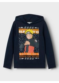 Kapuzensweatshirt name it "NKMJAKARI NARUTO SWEAT WH BRU NOOS BIO", Jungen, Gr. 116, blau (schwarz sapphire), Sweatware, Obermaterial: 60% Baumwolle, 40% Polyester, bedruckt, normal normal, Rundhals, Rippb&uuml;ndchen, Sweatshirts Kapuzensweatshirt, mit gro&szlig;em Frontmotiv