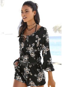 Overall Lascana, Damen, Gr. 40, N-Gr, beige (schwarz, creme, bedruckt), Jersey, Obermaterial: 100% Viskose, bedruckt, figurumspielend kurz, V-Ausschnitt, Volant, Overalls Overall, mit Volant am 3/4-Arm, kurzer Jumpsuit mit Blumenprint, Topseller