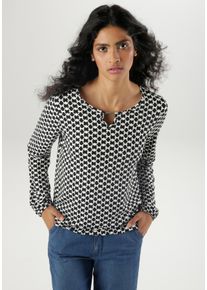 Langarmshirt Aniston SELECTED, Damen, Gr. 40, schwarz-wei&szlig; (schwarz, wei&szlig;), Single Jersey, Obermaterial: 95% Viskose, 5% Elasthan, bedruckt, gemustert, figurumspielend h&uuml;ftbedeckend, Rundhals, mit Gummizug, Shirts Langarmshirt, mit Schmuckst&auml;bchen und Cut-Out am Ausschnitt, Topseller