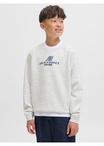 Jack & Jones Sweatshirt JACK & JONES JUNIOR "JCOTIER PRINT SWEAT CREW NECK SN JNR", Jungen, Gr. 128, grau (wei&szlig; melange), angeraute Sweatware, Obermaterial: 70% Baumwolle, 30% Polyester, bedruckt, relaxed fit h&uuml;ftlang, Rundhals, Rippb&uuml;ndchen, Sweatshirts Sweatshirt