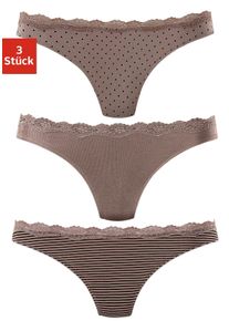 String Lascana, Damen, Gr. 32/34, grau (taupe, uni, gepunktet, gestreift, gestreift), Obermaterial: 95% Baumwolle, 5% Elasthan. Spitze: 87% Polyamid, 13% Elasthan, gepunktet, gestreift, unifarben, k&ouml;rpernah, Unterhosen String, aus elastischer Baumwolle mit zarter Spitze, Topseller