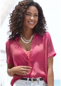 Kurzarmbluse Vivance, Damen, Gr. 46, pink, Web, Obermaterial: 65% Viskose, 35% Polyester, unifarben, figurumspielend h&uuml;ftlang, V-Ausschnitt, Blusen Kurzarmbluse, mit Hemdkragen und Knopfleiste, Hemdbluse, Strandmode, Topseller