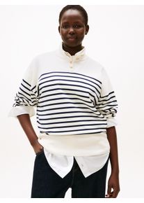 Stehkragenpullover Tommy Hilfiger Curve "CRV CO JERSEY GOLD BTN MK-NK SWT", Damen, Gr. 46, placed thin navy stp sweaters, Strick, Obermaterial: 75% Baumwolle, 25% Polyamid, gestreift, B&uuml;ndchen, Pullover Stehkragenpullover, in gro&szlig;en Gr&ouml;&szlig;en, mit goldfarbenen Kn&ouml;pfen