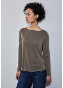 Langarmshirt Street One, Damen, Gr. 36, braun (muddy braun), Jersey, Obermaterial: 78% Modal, 22% Polyester, unifarben, normal h&uuml;ftlang, U-Boot-Ausschnitt, abgesteppt, Shirts Langarmshirt, mit Schriftz&uuml;gen