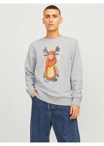 Jack & Jones Sweatshirt JACK & JONES "JJXMAS JOLLY SWEAT CREW NECK", Herren, Gr. S, grau (light grau melange), angeraute Sweatware, Obermaterial: 82% Baumwolle, 13% Polyester, 5% Viskose, bedruckt, meliert, normal, Rundhals, Rippb&uuml;ndchen, Sweatshirts Sweatshirt