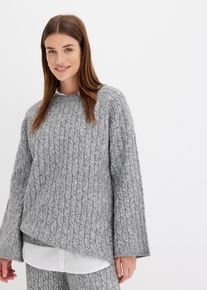 Strickpullover bonprix "Oversize-Pullover mit Zopfmuster", Damen, Gr. 36/38 (S), grau (grau meliert), Strick, Obermaterial: 97% Polyester, 3% Wolle, meliert, oversize normal, Rundhals, Trompeten&auml;rmel gerader Abschluss, Pullover Strickpullover, aus Polyester und Wolle, mit Rundhalsausschnitt, mit Zopfmuster