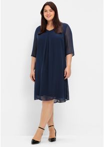 Chiffonkleid sheego "Cocktailkleid", Damen, Gr. 54, Normalgr&ouml;&szlig;en, blau (marine), 100% Polyester, unifarben, knielang, V-Ausschnitt, Kleider Chiffonkleid