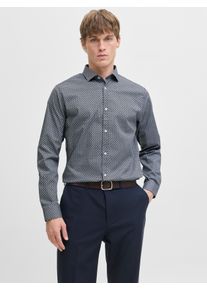 Jack & Jones Langarmhemd JACK & JONES "JPRBLABLACKPOOL STRETCH AOP LS SHIRT SN", Herren, Gr. L, N-Gr, blau (navy blazer), Web, Obermaterial: 96% Baumwolle, 4% Elasthan, gemustert, slim fit, Hemden Langarmhemd