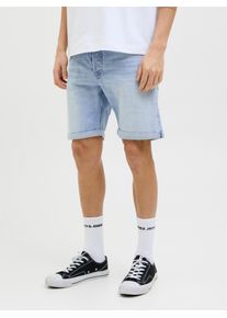 Jack & Jones Shorts JACK & JONES "JJIORIGINAL mit stylischem Aufschlag und Knopf", Damen, Gr. XS, N-Gr, blau denim pack:am 361, Web, Obermaterial: 98% Baumwolle, 2% Elasthan, Abriebeffekte, regular fit kniefrei, Hosen Shorts, mit stylischem Aufschlag