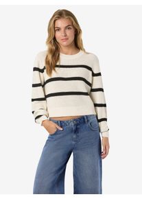 Strickpullover Noisy may "NMMAYSA L/S STRIPE O-NECK KNIT NOOS", Damen, Gr. M, schwarz (eggnog stripes:schwarz), Strick, Obermaterial: 50% Baumwolle, 50% Polyacryl, gestreift, kurz, Rundhals, B&uuml;ndchen, Pullover Strickpullover