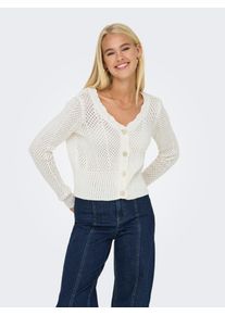 Strickjacke Only "ONLROSELIA &ndash; Cardigan mit Knopfleiste und geripptem B&uuml;ndchen", Damen, Gr. XL, wei&szlig; (cloud dancer), Strick, Obermaterial: 60% Baumwolle, 40% Polyacryl, Strukturmuster, leicht durchscheinend, unifarben, Basic h&uuml;ftlang, V-Ausschnitt, Strickkante, Strickjacken Strickjacke, regular fit, modisch, Strick, Baumwollmischung, V-Ausschnitt