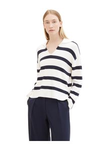 Strickpullover Tom Tailor, Damen, Gr. L (40), blau (sanftes wei&szlig; navy stripe knit), Strick, Obermaterial: 80% Viskose, 20% Polyamid, gestreift, bequem normal, V-Ausschnitt, Pullover Strickpullover, gestreift und mit Troyer