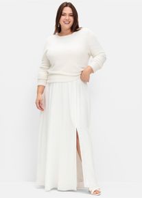 Rundhalspullover sheego "Pullover", Damen, Gr. 44/46, wei&szlig; (sanftes wei&szlig;), 74% Polyamid, 17% Viskose, 9% Polyester, unifarben, Pullover Rundhalspullover