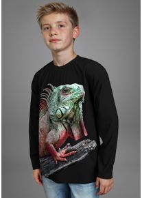 Langarmshirt Kidsworld "GECKO, Fotoprint", Jungen, Gr. 128/134, schwarz, Single Jersey, Obermaterial: 100% Baumwolle. Vorderteil: 100% Polyester, bedruckt, Basic, Shirts Langarmshirt, Shirt mit Fotodruck, Gecko