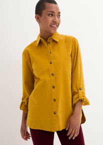 Langarmbluse bonprix "Cord-Hemd mit Seitenschlitz", Damen, Gr. 46, gelb (ockergold), Obermaterial: 98% Baumwolle, 2% Elasthan, loose fit, Blusen Langarmbluse, lockere Passform, f&uuml;r den Alltag, aus Cord, mit Hemdblusenkragen