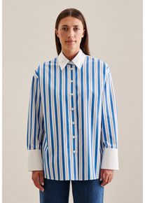 Longbluse Seidensticker "Schwarze Rose", Damen, Gr. XS(34), blau (mittelblau), 100% Baumwolle, gestreift, oversize, ohne Ausschnitt, Blusen Longbluse, Langarm Kragen Streifen