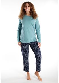 G&ouml;tzburg Schlafanzug G&Ouml;TZBURG "Katerini", Damen, Gr. 44 (XXL), gr&uuml;n (gr&uuml;n, hell, allover), Obermaterial: 100% Baumwolle, bequem lang, Rundhals, Homewear-Sets Schlafanzug, Rundhalsausschnitt, Langarm, lange Hose, Baumwolle, bequem