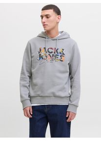 Jack & Jones Kapuzensweatshirt JACK & JONES "JJGEPLAS SWEAT HOOD", Herren, Gr. S, grau (ultimate grau), angeraute Sweatware, Obermaterial: 60% Baumwolle, 40% Polyester, bedruckt, regular fit normal, Rippb&uuml;ndchen, Sweatshirts Kapuzensweatshirt