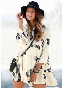 Blusenkleid Lascana, Damen, Gr. 44/46, N-Gr, schwarz (creme, schwarz), Web, Obermaterial: 100% Polyester, figurumspielend ca. Mitte Oberschenkel, V-Ausschnitt, weit Volant, Kleider Blusenkleid, in weiter Form mit Volants und Blumenprint, Tunikakleid, Strandkleid