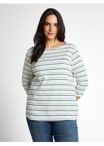 T-Shirt Tom Tailor PLUS, Damen, Gr. 50, blau haze multicolor stripe, Single Jersey, Obermaterial: 97% Baumwolle, 3% Elasthan, bedruckt, gestreift, regular fit normal, U-Boot-Ausschnitt, gerader Abschluss, Shirts T-Shirt, mit Schriftzug