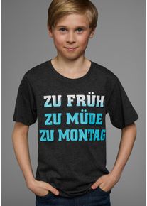 T-Shirt Kidsworld "Mit Spruch: ZU FR&Uuml;H, ZU M&Uuml;DE...", Jungen, Gr. 164/170, grau (anthrazit), Jersey, Obermaterial: 60% Baumwolle, 40% Polyester, meliert, Basic, Basic, Rundhals, Shirts T-Shirt, Kurzarm, Basic-Passform, mit stylischem Print, Rundhalsausschnitt