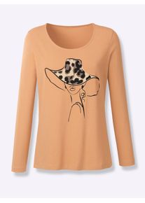 Langarmshirt Classic Basics "Langarm-Shirt", Damen, Gr. 40, braun (camel), 100% Baumwolle, bedruckt, gemustert, mehrfarbig, Rundhals, Shirts Langarmshirt