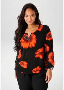 Langarmshirt ANISTON PLUS, Damen, Gr. 50, schwarz (schwarz, orangerot, rostrotanthrazit, grau, wei&szlig;), Single Jersey, Obermaterial: 95% Viskose, 5% Elasthan, bedruckt, gebl&uuml;mt, figurumspielend Po-bedeckend, Rundhals, elastischer Bund mit Gummizug, Shirts Langarmshirt, mit gro&szlig;fl&auml;chigen Mohnbl&uuml;ten bedruckt