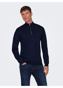Only & Sons Strickpullover ONLY & SONS "ONSWYLER LIFE REG 14 HALF ZIP KNIT NOOS", Herren, Gr. XL, blau (schwarz navy), Strick, Obermaterial: 78% Viskose, 22% Polyester, unifarben, Basic, regular fit normal, ohne Ausschnitt, Rippb&uuml;ndchen, Pullover Strickpullover