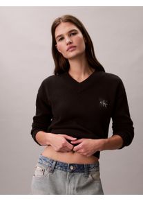V-Ausschnitt-Pullover Calvin Klein Jeans, Damen, Gr. XL (44), schwarz, Strick, Obermaterial: 100% Baumwolle, unifarben, Basic taillenlang, V-Ausschnitt, B&uuml;ndchen, Pullover V-Ausschnitt-Pullover, Feinstrick, taillenlang