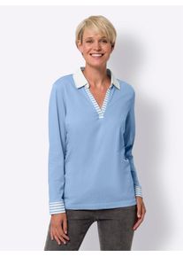 Langarmshirt Classic Basics "Langarm-Shirt", Damen, Gr. 56, blau (himmelblau, wei&szlig;), 100% Baumwolle, gemustert, gestreift, mehrfarbig, V-Ausschnitt, Shirts Langarmshirt
