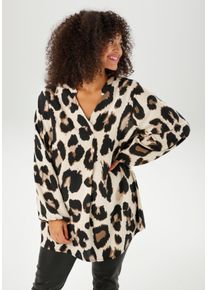 Schlupfbluse ANISTON PLUS, Damen, Gr. 42, beige, schwarz, taupe, Web, Obermaterial: 100% Viskose, l&auml;ssig geschnitten Po-bedeckend, V-Ausschnitt, Smokb&uuml;ndchen, Blusen Schlupfbluse, mit trendigem Leoprint, Topseller